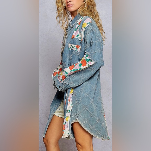 NEW POL Women’s Oversized Floral Patchwork Denim Jacket Shacket Size L - Picture 7 of 9